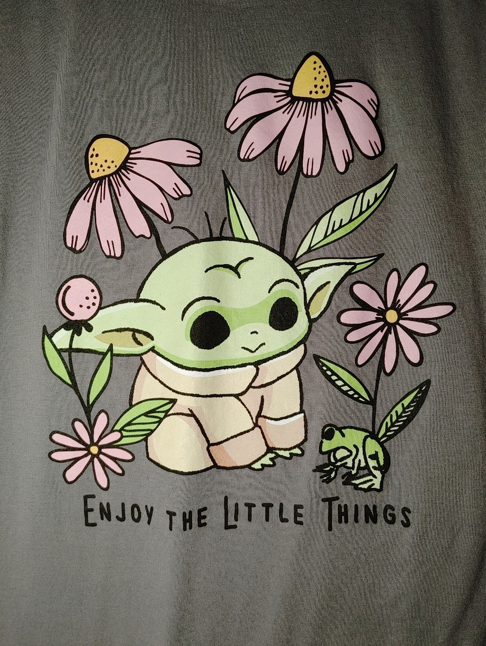 Star Wars Gray Tee with Pink Flowers and Green Grogu - Picture 3 of 6